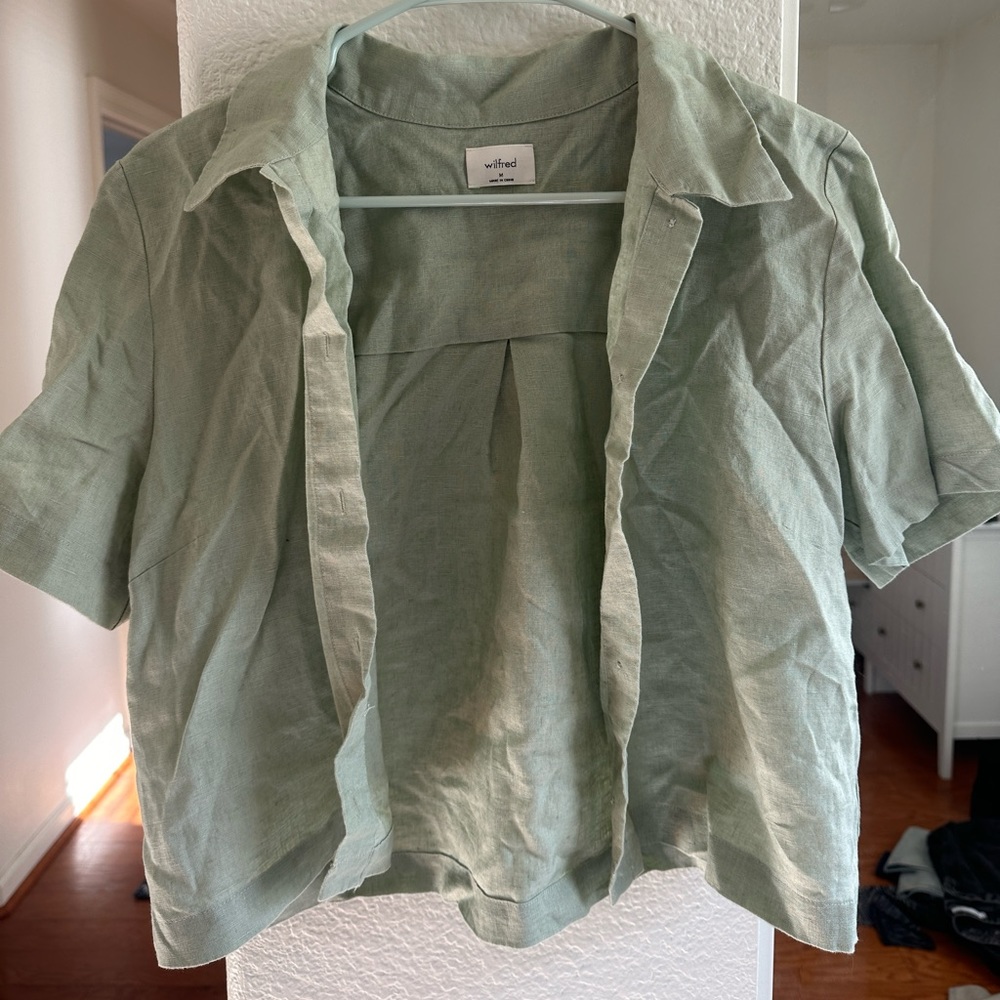 NWT Aritzia Wilfred Cropped Linen Button Down in Sage/Gelato